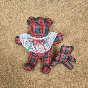 Vintage 2pc Christmas Plaid Bear Plush Stuffed Animals 9" & 4" Red/Green Decor